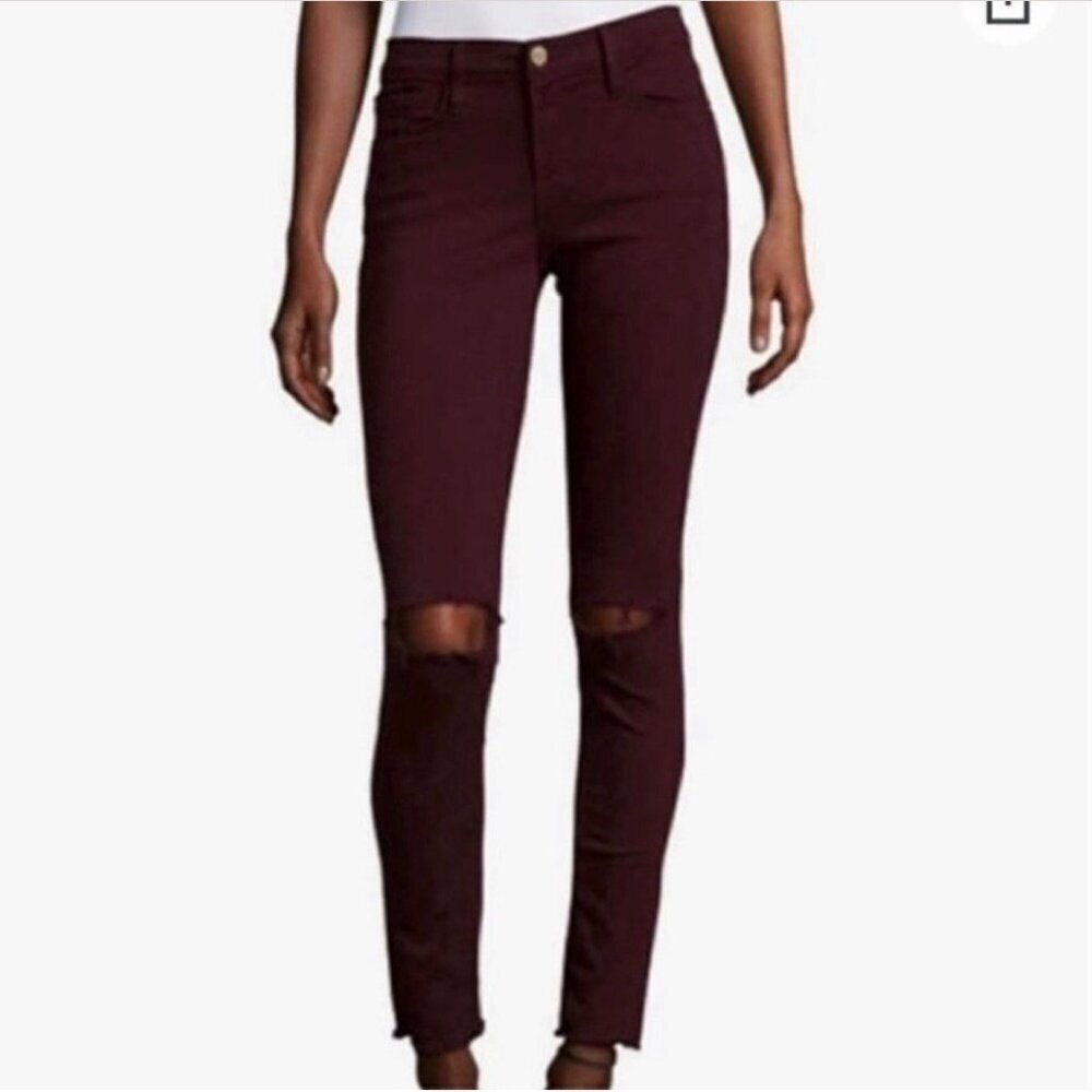 Frame 28 Le Skinny De Jeanne Mahogany Rips Women’s Skinny Burgundy Jeans Distres